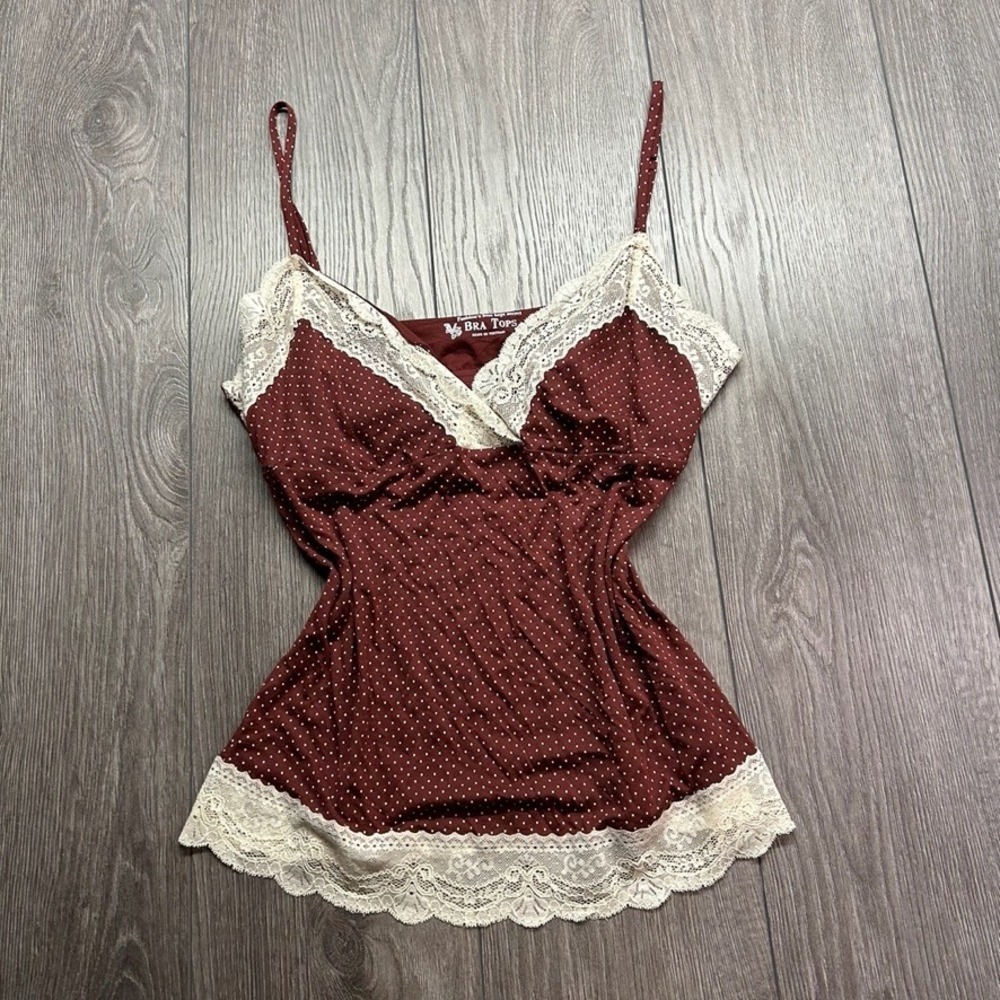 Victorias Secret Bra Top Small Y2k Camisole Burgundy Polka Dot Lace Trim Cami